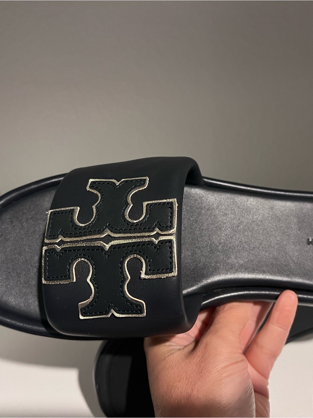 Tory Burch Navy Blue Slide with Contrasting silver-Edged Logo